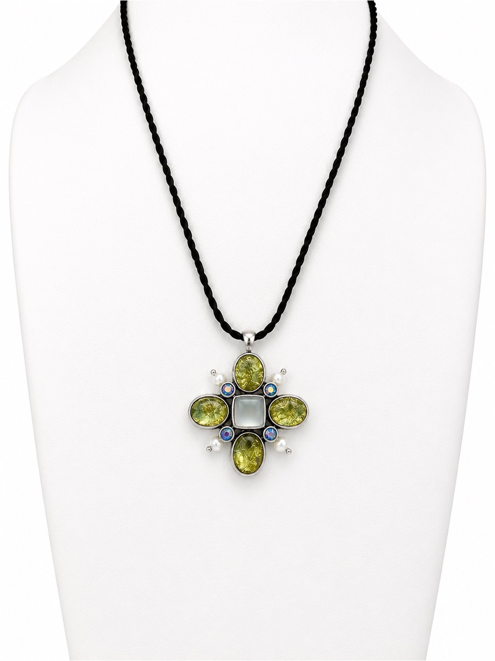 Lia Sophia Green Gemstone Cross Pendant Necklace on Black Cord